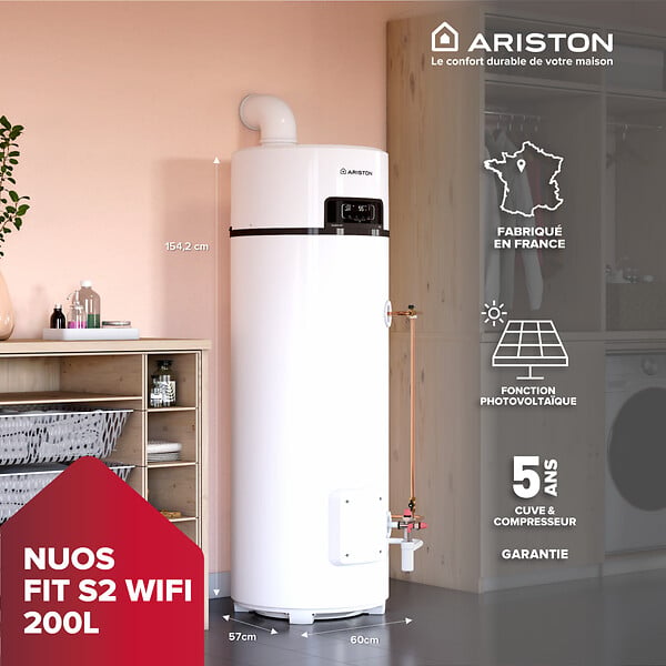 ARISTON - Ariston NUOS FIT WIFI 200L – Chauffe eau Thermodynamique Air Ambiant A+, R290, Cuve Titane, Made in France - large
