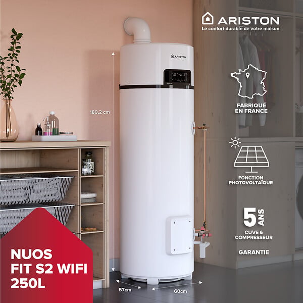 ARISTON - Ariston NUOS FIT WIFI 250L – Chauffe eau Thermodynamique Air Ambiant A+, R290, Cuve Titane, Made in France - large