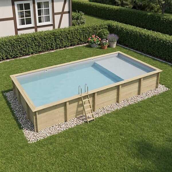 ALTANKA - Piscine hors sol en bois AQUA 10.2 x 5.2 - H.1.45 m avec plage, gris clair, fixations à sceller - BAS7310OSPI2+PLA310 - large