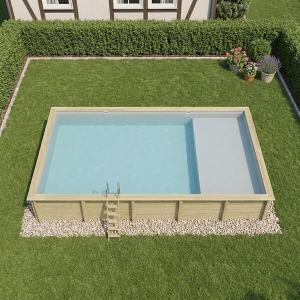 ALTANKA - Piscine hors sol en bois AQUA 10.2 x 5.2 - H.1.45 m avec plage, gris clair, fixations à sceller - BAS7310OSPI2+PLA310 - large