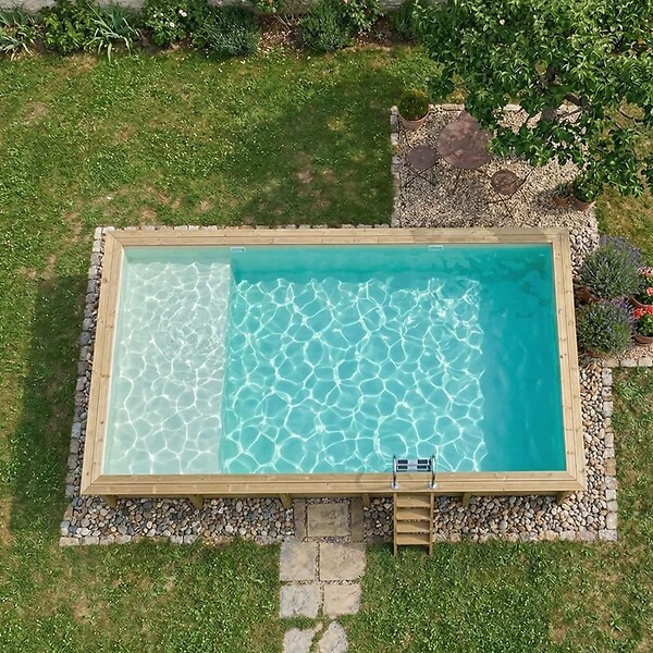 ALTANKA - Piscine hors sol en bois AQUA 10.2 x 5.2 - H.1.45 m avec plage, sable, fixations à sceller - BAS7310OSPI3+PLA310 - large