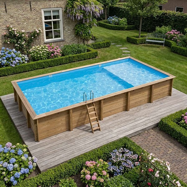 ALTANKA - Piscine hors sol en bois AQUA 10.2 x 5.2 - H.1.45 m avec plage, bleu pâle, fixations à visser - BAS7310OSPL+PLA310 - large