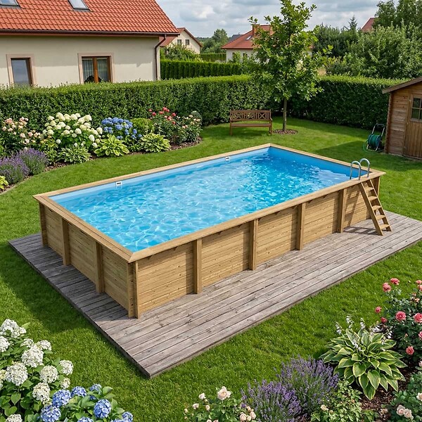 ALTANKA - Piscine hors sol en bois AQUA 10.2 x 5.2 - H.1.45 m, bleu pâle, fixations à sceller - BAS7310OSPI - large