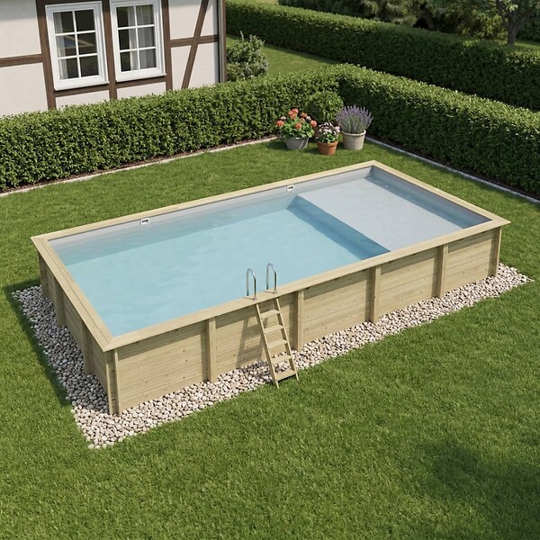 ALTANKA - Piscine hors sol en bois AQUA 10.2 x 5.2 - H.1.45 m avec plage, gris clair, fixations à visser - BAS7310OSPL2+PLA310 - large