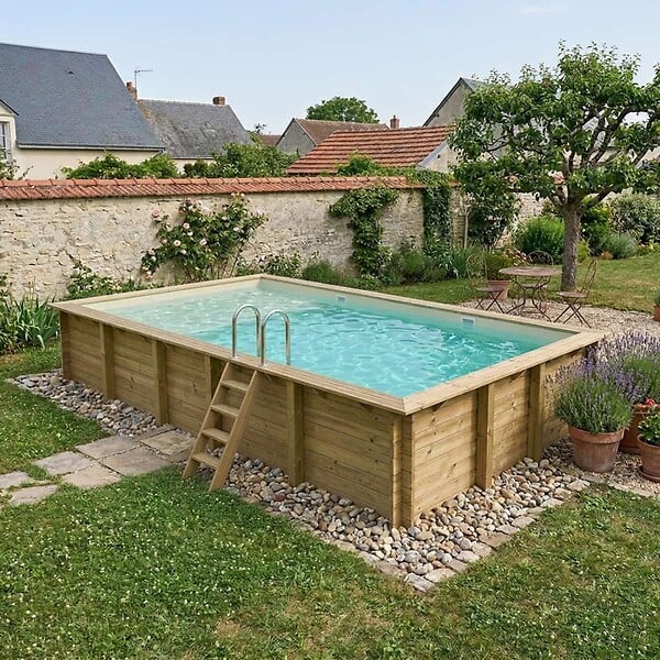 ALTANKA - Piscine hors sol en bois AQUA 10.2 x 5.2 - H.1.45 m avec plage, sable, fixations à visser - BAS7310OSPL3+PLA310 - large