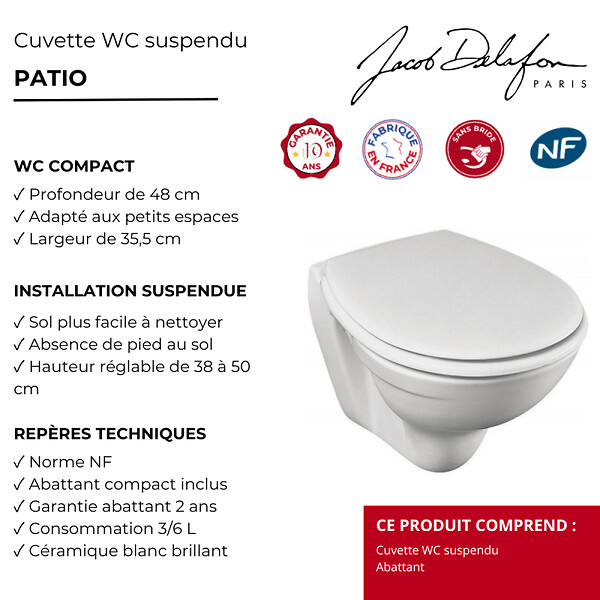 JACOB DELAFON - Cuvette WC suspendu compact PMR Patio avec abattant - large