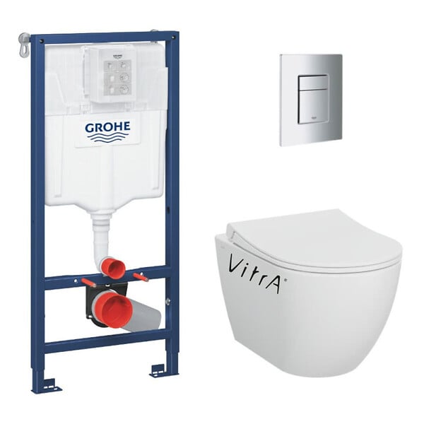 GROHE - Pack WC Bâti-support Rapid SL + WC sans bride Vitra S60 + Abattant SoftClose + Plaque chrome (RapidSL-S60-1) - large