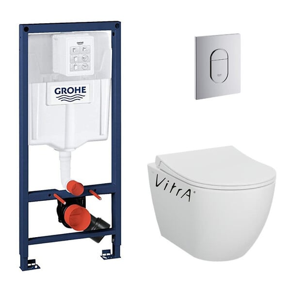 GROHE - Pack Rapid sl+ plaque arena chrome+ Fixations murales + set d'isolation phonique + cuvette suspendue (ArenaS60) - large
