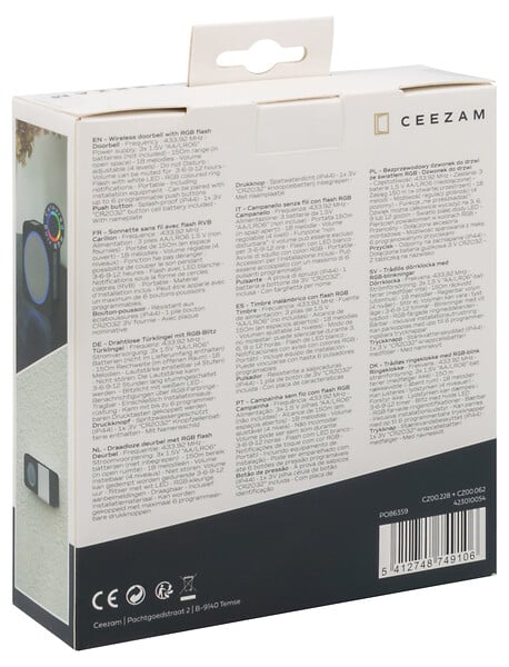 CEEZAM - Sonnette sans fil – volume 4 niveaux, mode silencieux 3 à 12 h, 18 mélodies, bouton étanche, anthracite, portée jusqu'à 150m-CEEZAM - large