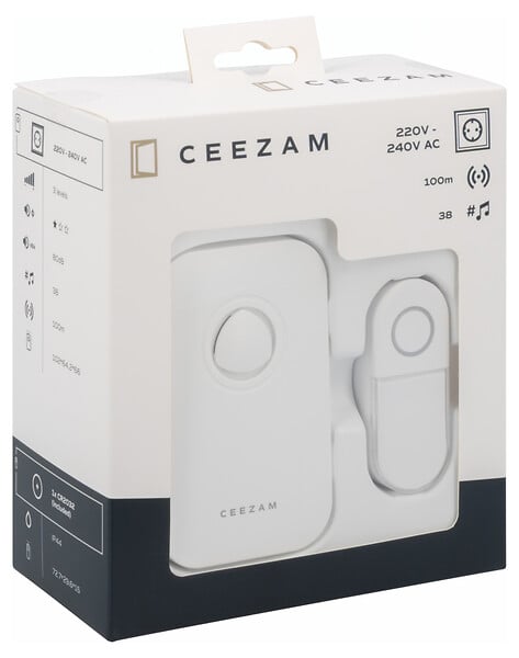 CEEZAM - Sonnette sans fil sur secteur – Carillon 38 mélodies, bouton étanche blanc - large