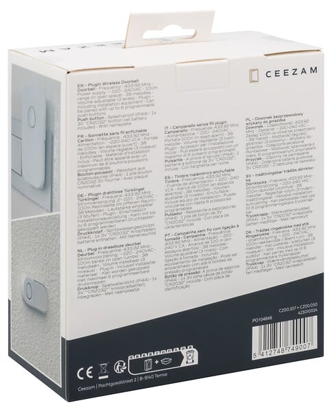 CEEZAM - Sonnette sans fil sur secteur – Carillon 38 mélodies, bouton étanche blanc - large