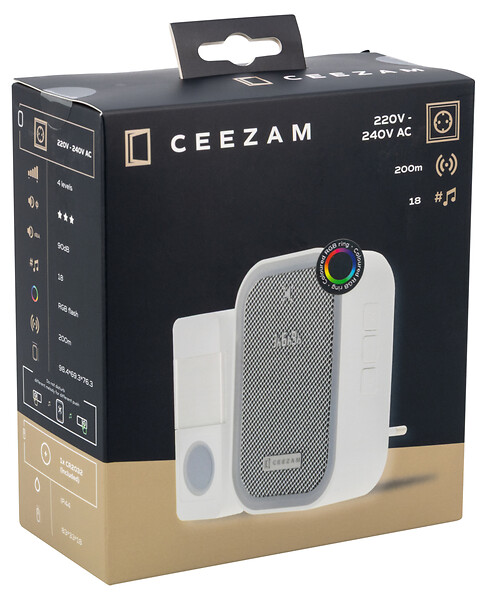 CEEZAM - Sonnette sans fil 200 m – volume 4 niveaux, mode silencieux 3 à 9 h, 18 mélodies, bouton étanche, blanc, portée jusqu'à 200m-CEEZAM - large