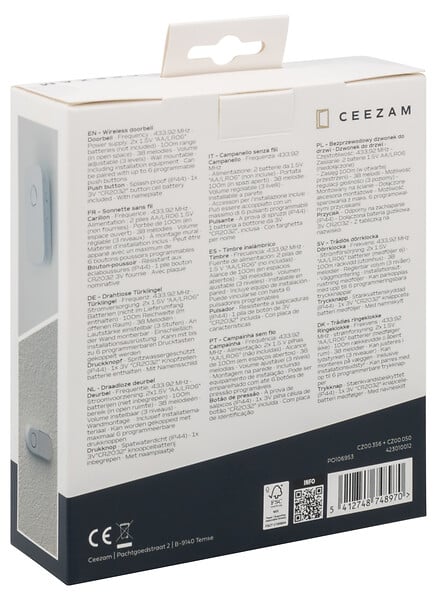 CEEZAM - Sonnette sans fil – Carillon 80 dB, 38 mélodies, bouton étanche, blanc - large