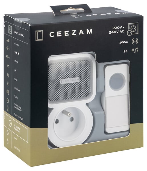 CEEZAM - Carillon sans fil – 85 dB, 38 mélodies, prise intégrée, portée 100m - large