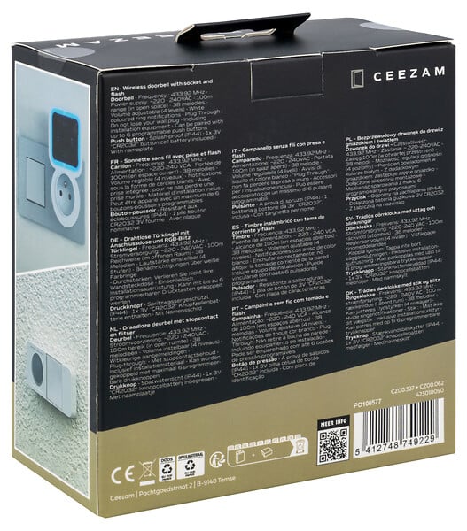 CEEZAM - Carillon sans fil – 85 dB, 38 mélodies, prise intégrée, portée 100m - large