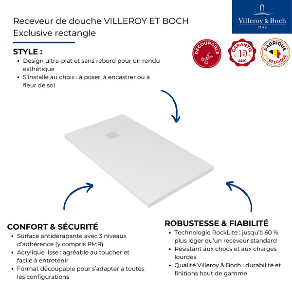 VILLEROY ET BOCH - Receveur découpable 120 X 80  Exclusive rectangle blanc - large