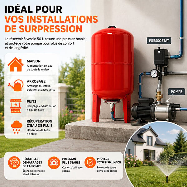 GT MARKET - Réservoir pression à vessie vertical - 50 litres - large