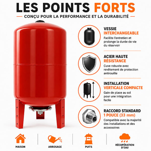 GT MARKET - Réservoir pression à vessie vertical - 100 litres - large