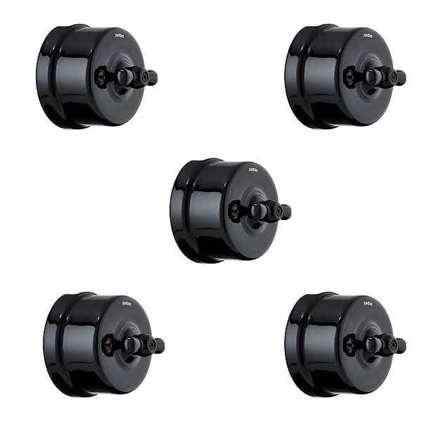 FONTINI - Lot de 5 Interrupteurs Va-et-Vient FONTINI Garby Colonial – Rétro en Porcelaine Noire – Style Vintage, Installation Encastrable-FONTINI - large