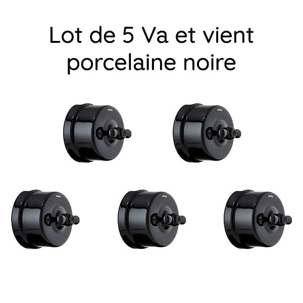 FONTINI - Lot de 5 Interrupteurs Va-et-Vient FONTINI Garby Colonial – Rétro en Porcelaine Noire – Style Vintage, Installation Encastrable-FONTINI - large