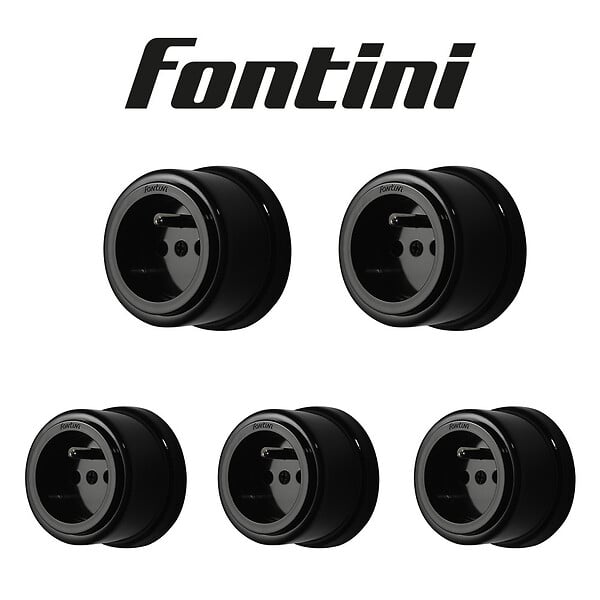 FONTINI - Lot de 5 prises avec terre Garby Colonial – Porcelaine noire – Design rétro élégant – Installation encastrée-FONTINI - large