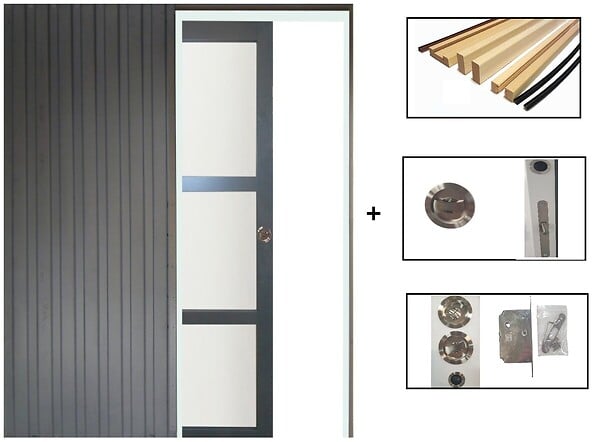 GD MENUISERIES - Porte Coulissante Blakeria Vitrée Gris Anthr H204 x L83 cm, Galandage, kit de finition - large