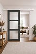 GD MENUISERIES - Porte Coulissante Blakeria Vitrée Gris Anthr H204 x L83 cm, Rail Alu Bandeau Blanc, Coquilles - vignette
