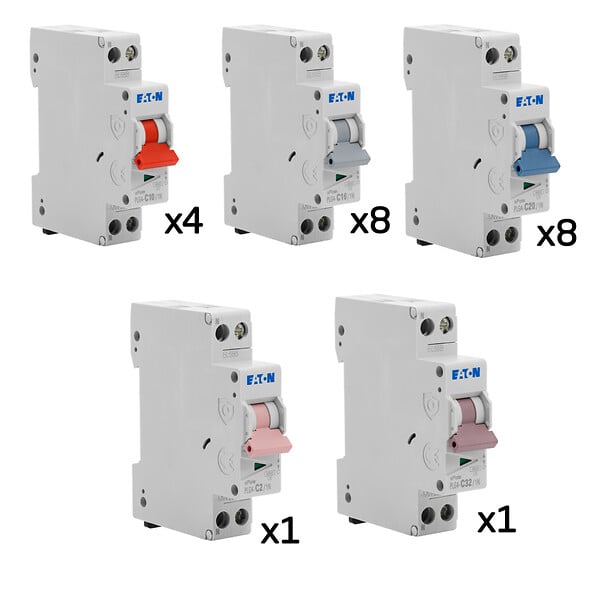 EATON CAPRI - Lot de 22 disjoncteurs modulaires Ph+N – 1×2A, 4×10A, 8×16A, 8×20A, 1×32A - large