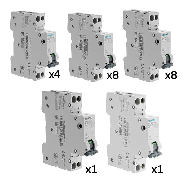 SIEMENS - Lot de 22 disjoncteurs modulaires Ph+N – 1×2A, 4×10A, 8×16A, 8×20A, 1×32A - large
