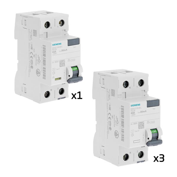 SIEMENS - Lot de 4 interrupteurs différentiels 63A – 30 mA – 1 Type A + 3 Type AC - large