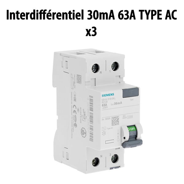 SIEMENS - Lot de 4 interrupteurs différentiels 63A – 30 mA – 1 Type A + 3 Type AC - large
