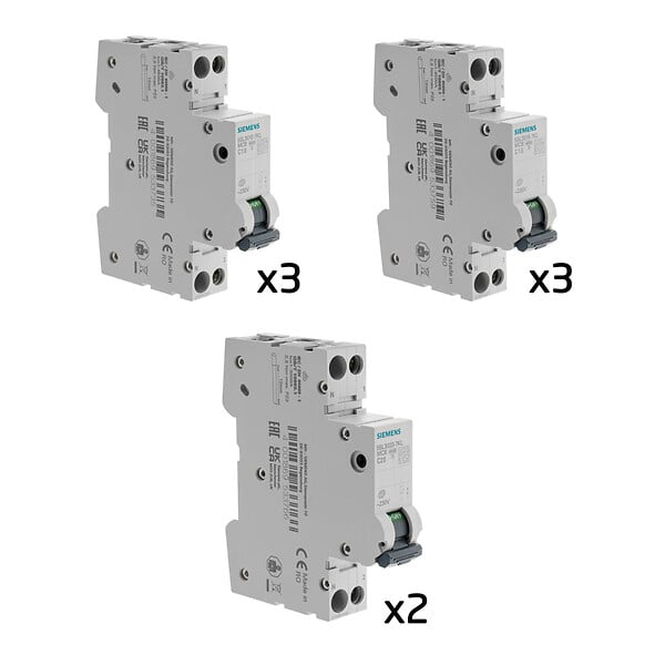 SIEMENS - Lot de 8 disjoncteurs modulaires Ph+N – 2×10A, 3×16A, 2×20A - large