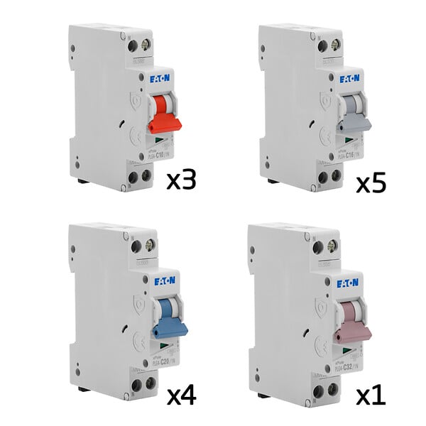 EATON CAPRI - Lot de 13 disjoncteurs modulaires Ph+N – 3×10A, 5×16A, 4×20A, 1×32A - large