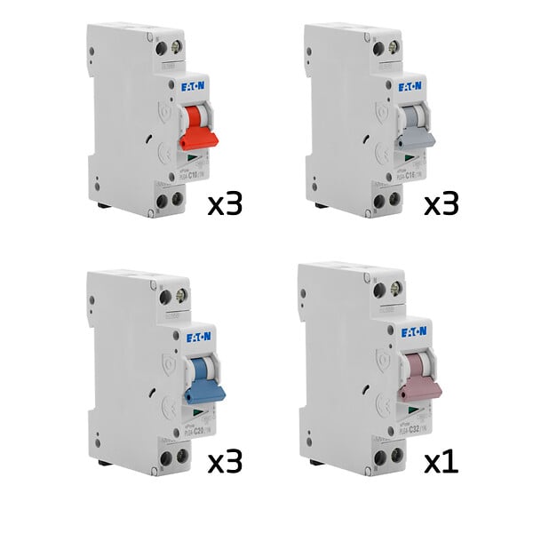 EATON CAPRI - Lot de 10 disjoncteurs modulaires Ph+N – 3×10A, 3×16A, 3×20A, 1×32A - large