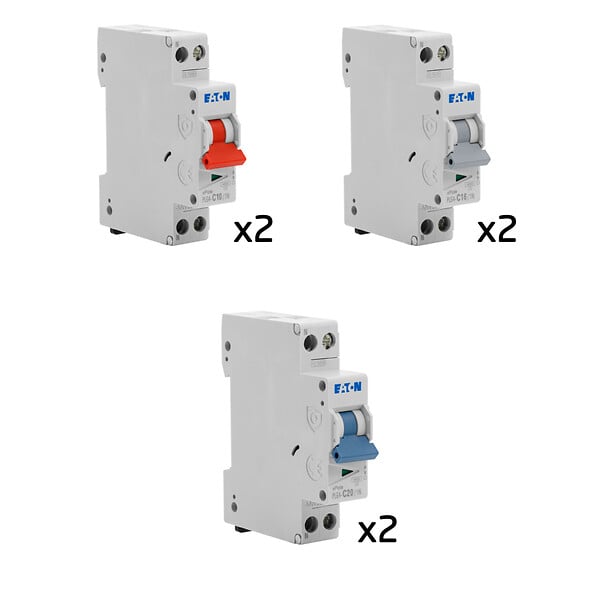 EATON CAPRI - Lot de 6 disjoncteurs modulaires Ph+N – 2×10A, 2×16A, 2×20A - large