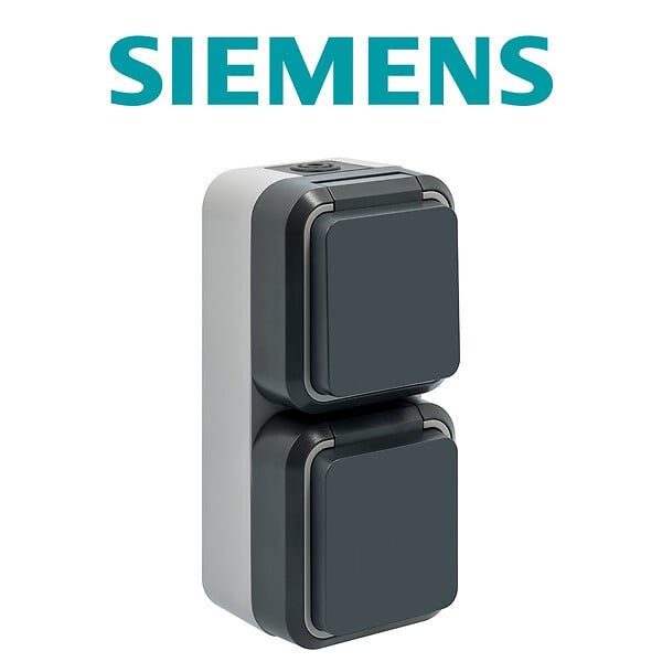 SIEMENS - Double prise de courant 2P+T verticale étanche IP55 – Pose en saillie, idéale pour extérieur, résistante à l'eau et à la poussière - large