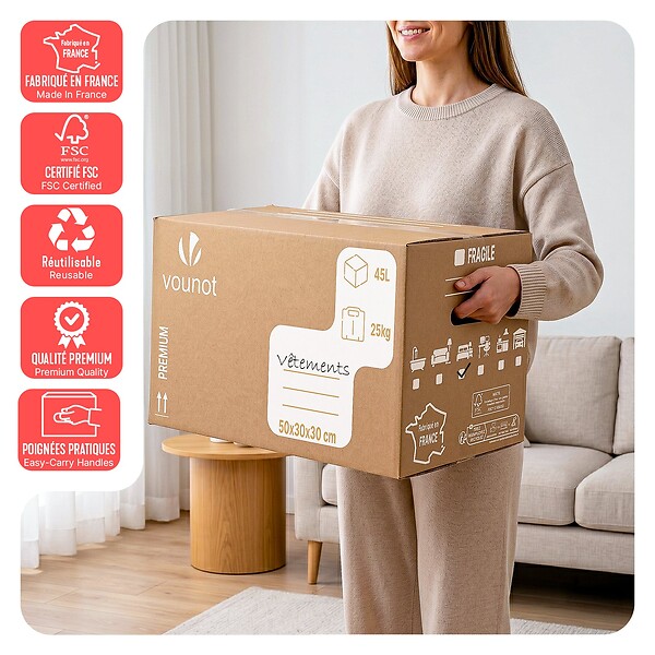 VOUNOT - Lot de 20 cartons de demenagement stockage 45L 50x30x30cm - large