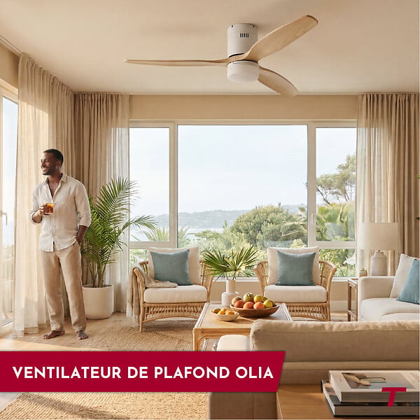 THOMSON - Ventilateur de plafond avec lumière THOMSON OLIA avec pales en bois certifié FSC, diamètre de 132 cm et télécommande incluse - large