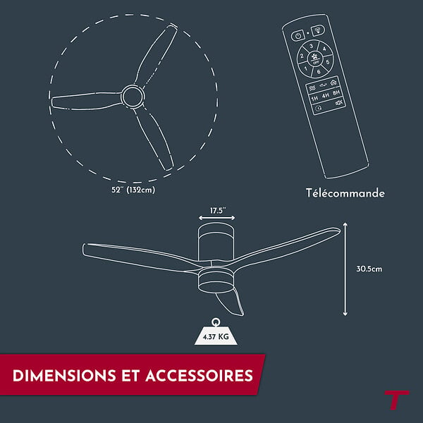 THOMSON - Ventilateur de plafond avec lumière THOMSON OLIA avec pales en bois certifié FSC, diamètre de 132 cm et télécommande incluse - large