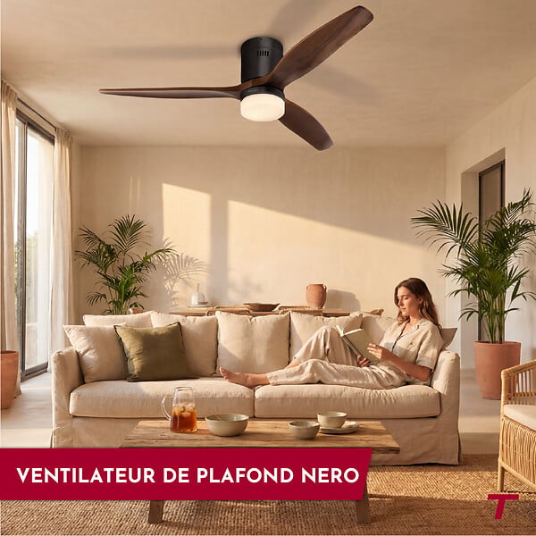 THOMSON - Ventilateur de plafond avec lumière THOMSON NERO avec pales en bois certifié FSC, diamètre de 132 cm et télécommande incluse - large