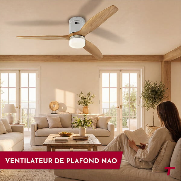THOMSON - Ventilateur de plafond avec lumière THOMSON NAO avec pales en bois certifié FSC, diamètre de 132 cm et télécommande incluse - large