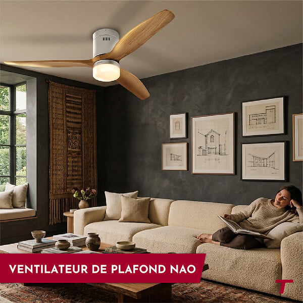 THOMSON - Ventilateur de plafond avec lumière THOMSON NAO avec pales en bois certifié FSC, diamètre de 132 cm et télécommande incluse - large