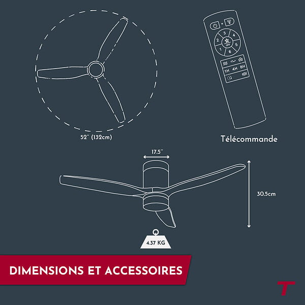 THOMSON - Ventilateur de plafond avec lumière THOMSON NAO avec pales en bois certifié FSC, diamètre de 132 cm et télécommande incluse - large