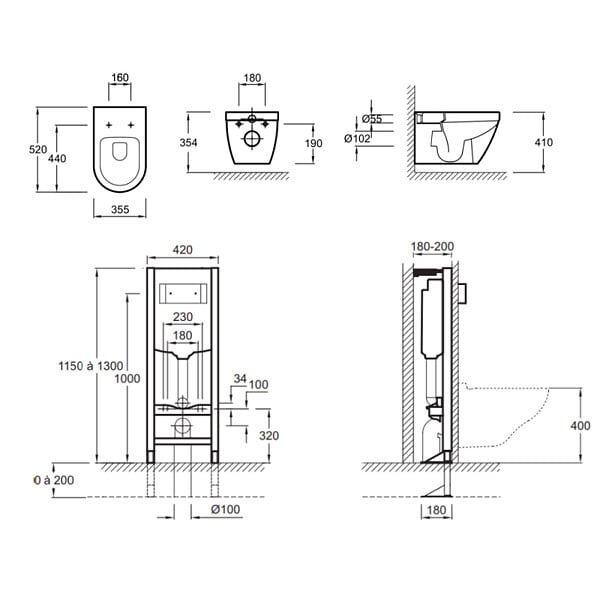 JACOB DELAFON - Pack WC suspendu sans bride Rodin+ avec abattant + bâti support + plaque blanche + tabouret bois - large