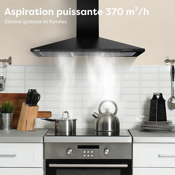 CIARRA - Ciarra Hotte aspirante décorative 90cm hotte de cuisine murale 370m3h 3 vitesses Classe A évacuation ou recyclage filtre charbon NON INCLUS - large
