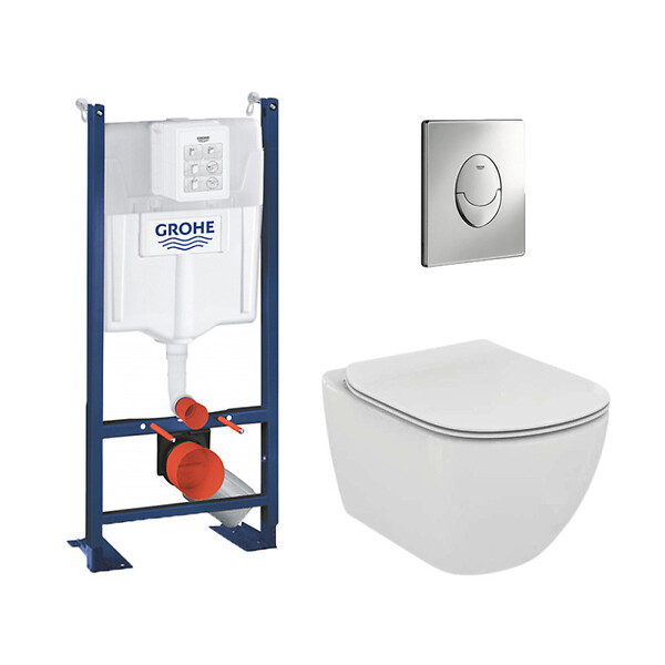 GROHE - Pack WC Rapid SL autoportant + WC sans bride AquaBlade + Abattant slim softclose + Plaque chrome + Set isolation phonique - large
