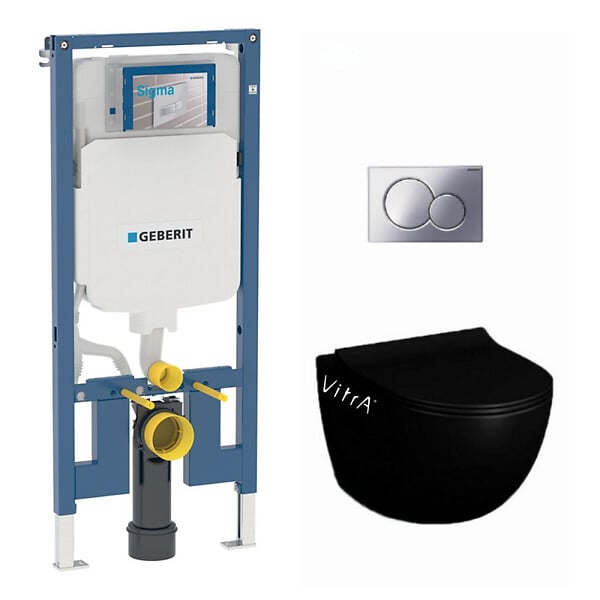GEBERIT - Pack WC Bati-support Geberit extra-plat UP720 + WC Vitra Sento sans bride noir mat + Fixations cachees + Abattant softclose + Pl - large