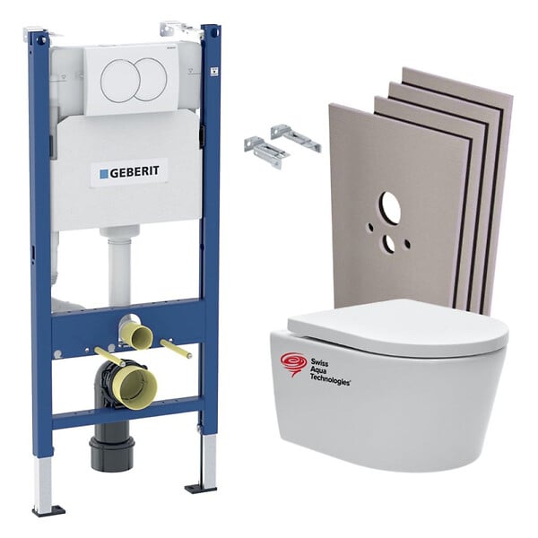 GEBERIT - Pack Bati-support Geberit 112cm + Cuvette Swiss Aqua Technologies sans bride + Plaque blanche + Set habillage (SATrimlessGeb3-sa - large