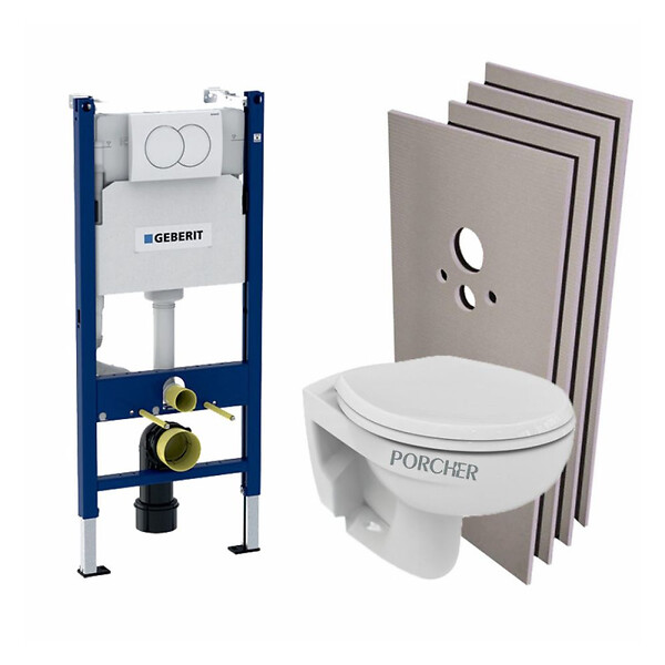 GEBERIT - Pack WC Bati-support Geberit Duofix + Cuvette suspendue sans bride Porcher + Abattant + Plaque de commande blanche + Set d'habil - large