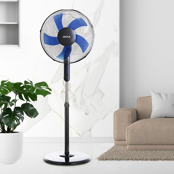 JOCCA - Ventilateur sur pied 45W H125cm Oscillation 90° 3 vitesses 5 pales Design Noir & Bleu Débit d'air puissant Fortes Chaleurs Jocca - large